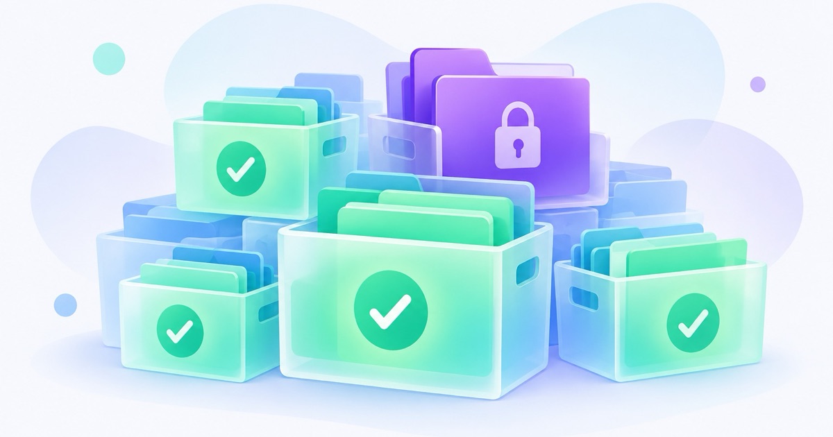Pilha de pastas translúcidas representando caches, algumas marcadas como seguras em verde e uma protegida com cadeado em roxo